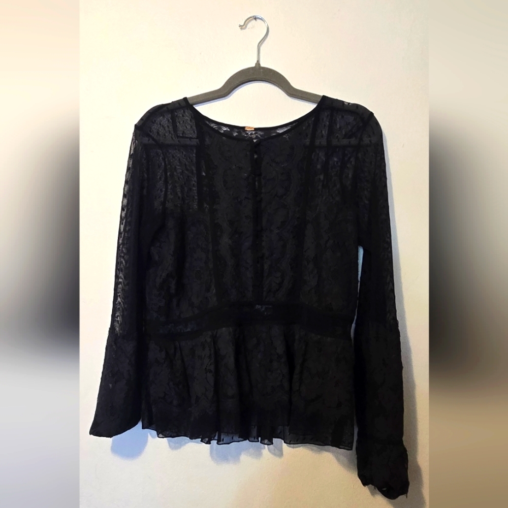 Free People Black Long Sleeve Peplum Blouse